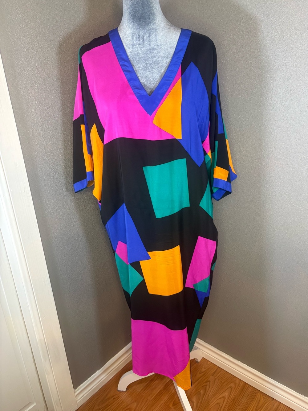 Vintage 100% Silk Colorblock V-Neck Kaftan Dress Size 12